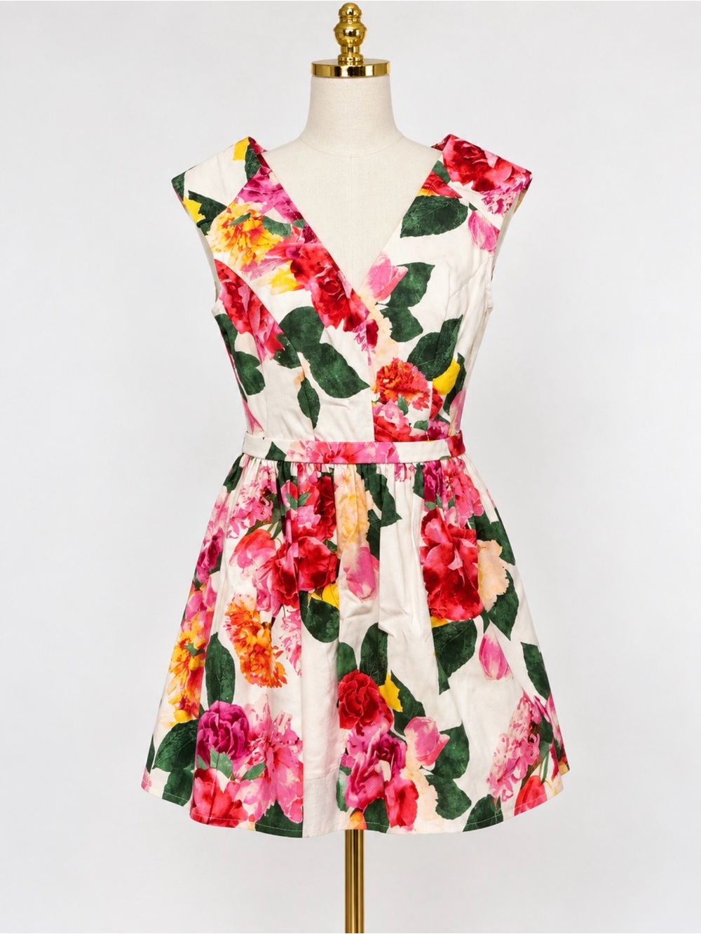 Trixxi Floral V-Neck Fit & Flare Dress in Pink, Green and Cream